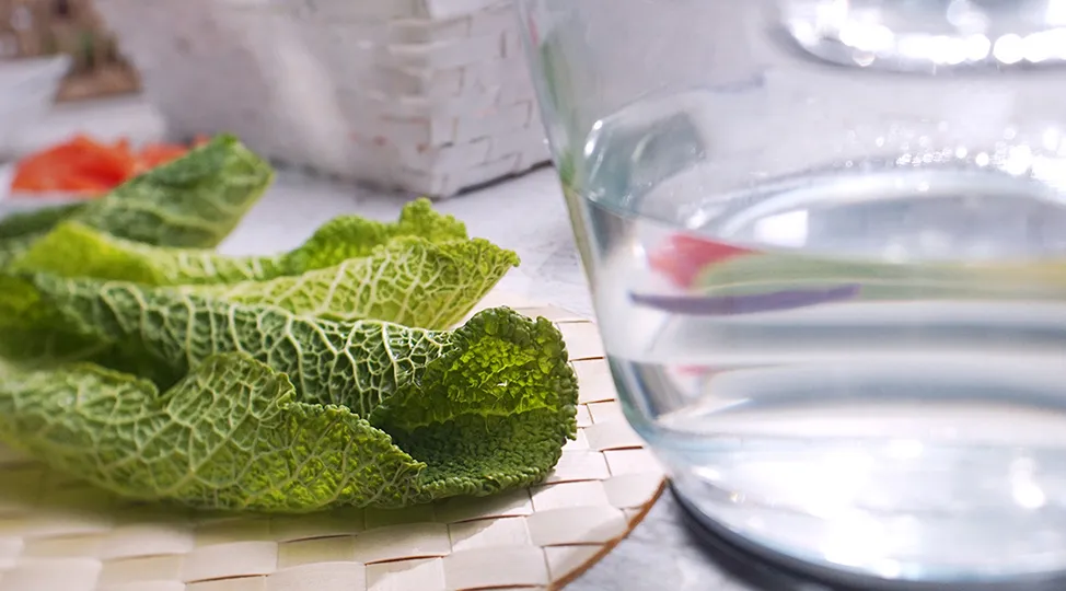 Листя капусти занурити в гарячу воду на 5 хвилин, відтак дістати й покласти на чистий рушник.